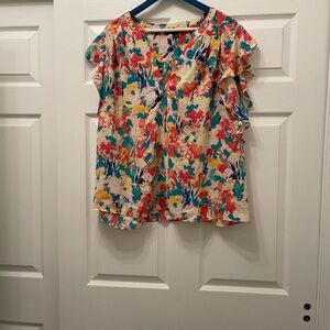 Zac & Rachel Cream Floral Tie-Front Flutter Sleeve Blouse